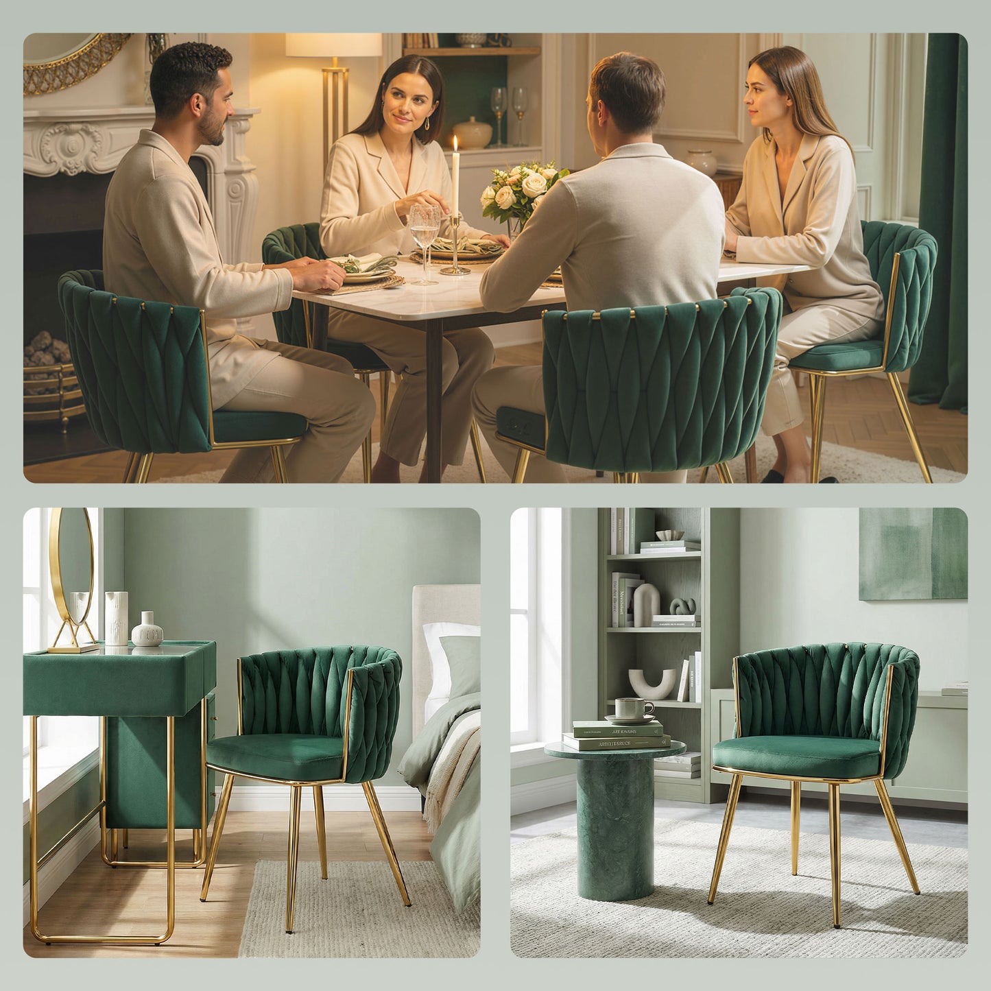 HOMCOM Velvet-Feel Dining Chairs Set of 2, Modern Upholstered Armchair with Knot Design and Golden Metal Legs, Accent Chair for Dining Room, Bedroom, Kitchen, Living Room, Dark Green