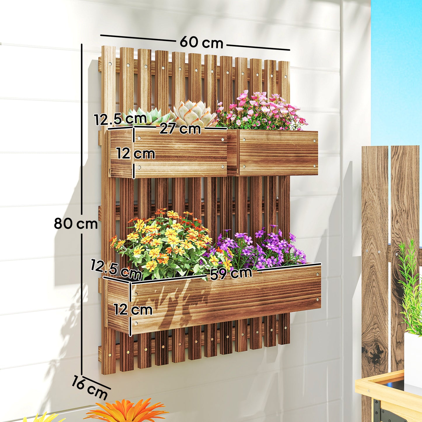 Outsunny Set of 2 Wall-mounted Wooden Garden Planters with Trellis, Drainage Holes and Movable Planter Boxes, Wall Raised Garden Bed for Patio, Carbonised