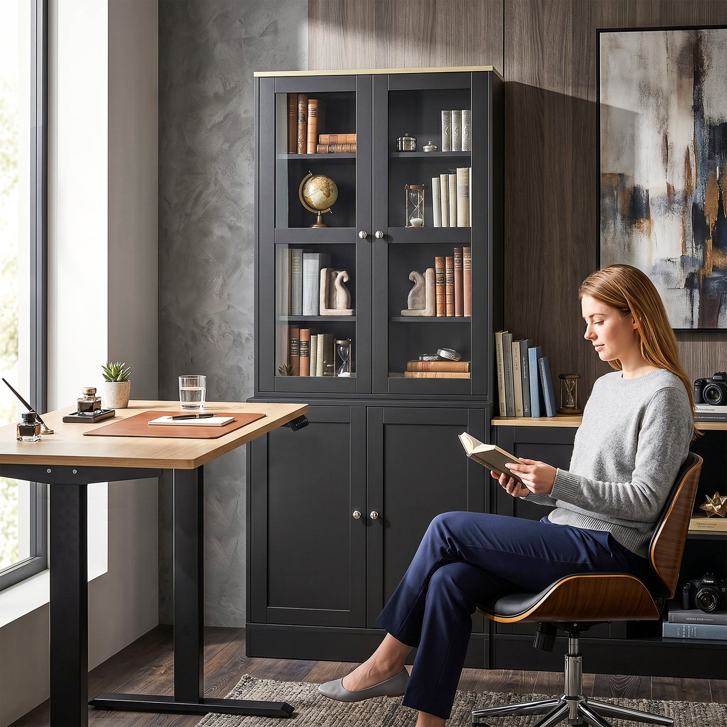 HOMCOM Modern Bookcase Display Storage Unit with Glass Doors Adjustable Shelves, Black