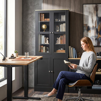 HOMCOM Modern Bookcase Display Storage Unit with Glass Doors Adjustable Shelves, Black