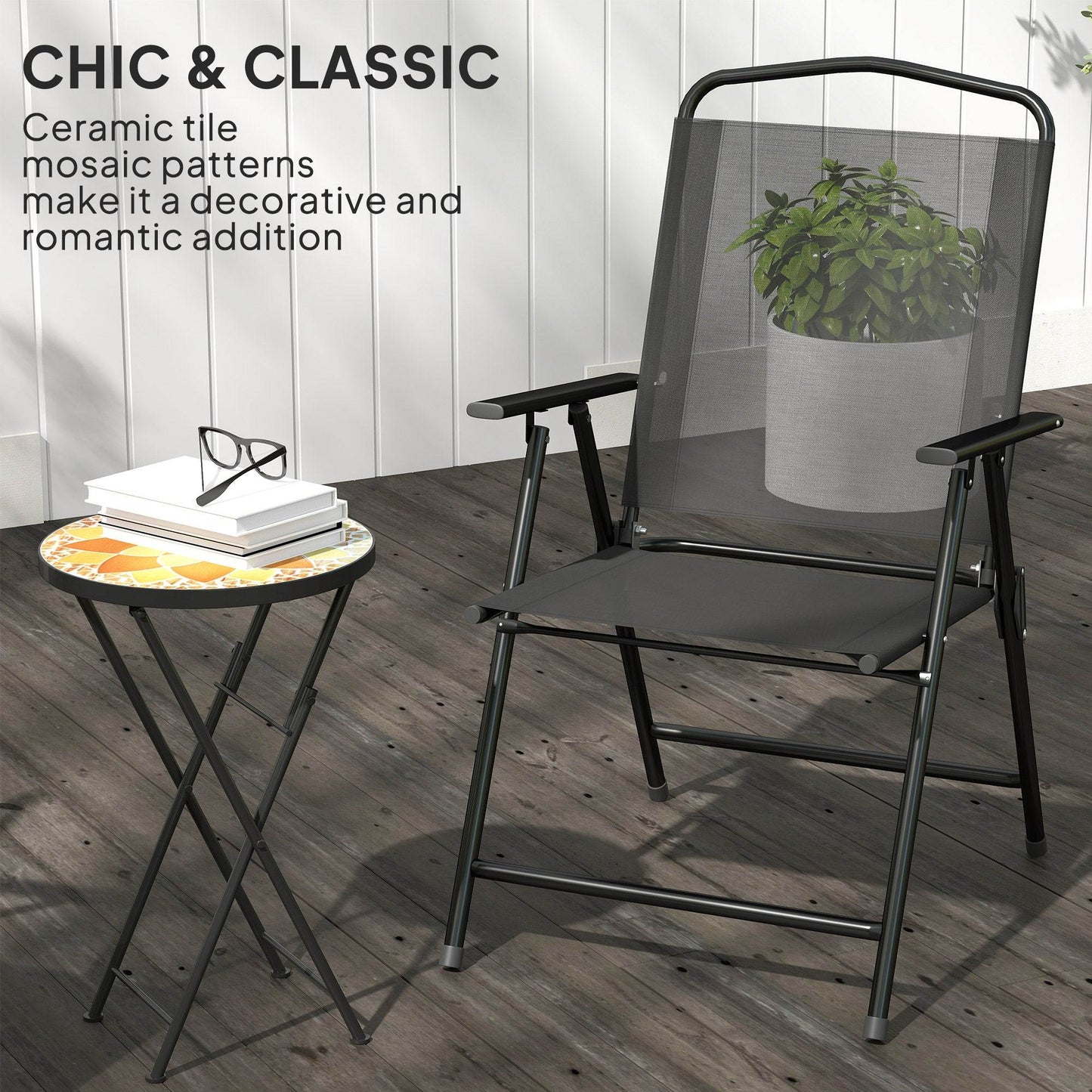 Outsunny Mosaic Outdoor Garden Table, 35.5cm Round Folding Coffee Table with Metal Frame for Balcony Terrace, Yellow