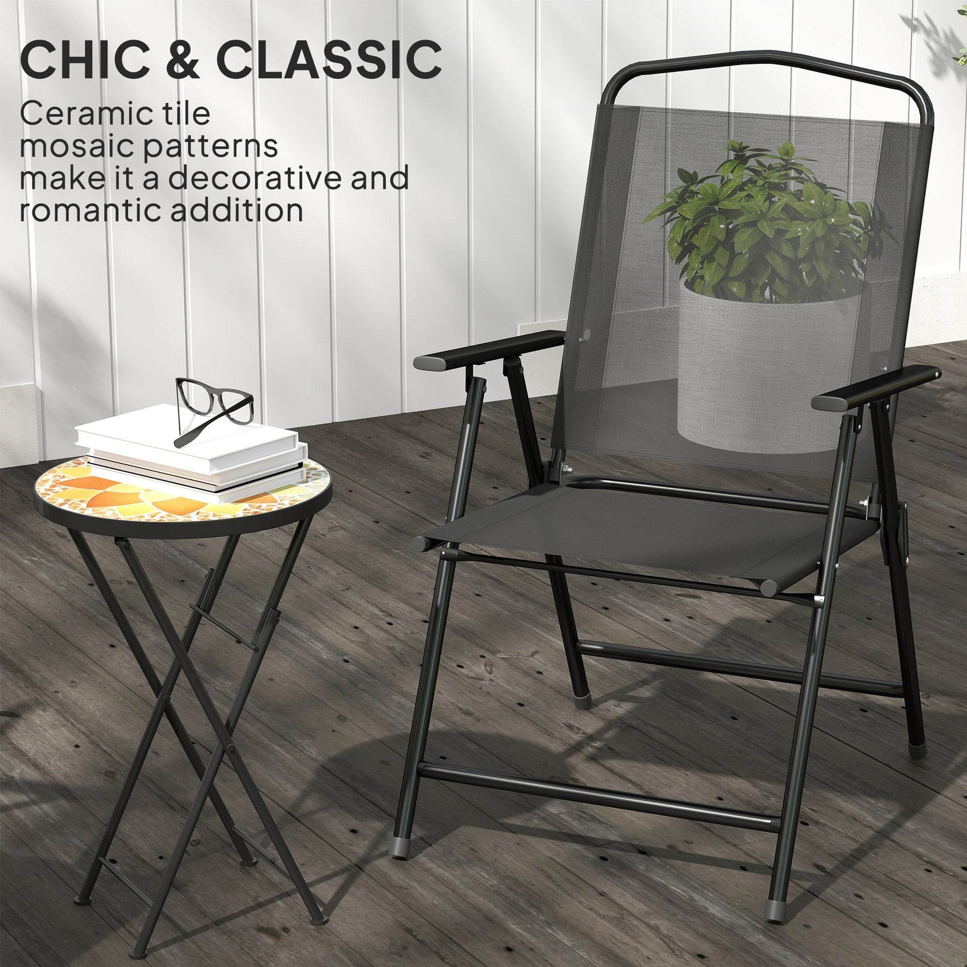 Outsunny Mosaic Outdoor Garden Table, 35.5cm Round Folding Coffee Table with Metal Frame for Balcony Terrace, Yellow