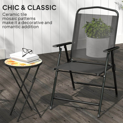 Outsunny Mosaic Outdoor Garden Table, 35.5cm Round Folding Coffee Table with Metal Frame for Balcony Terrace, Yellow