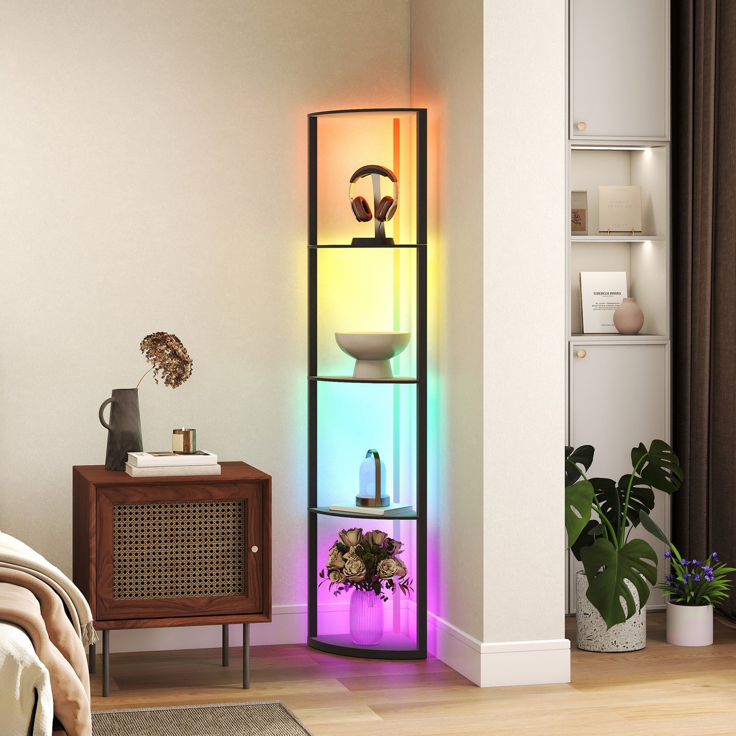 HOMCOM RGB LED Floor Lamp with Shelves, 4-Tier Dimmable Standing Lamp with Remote Control, Black