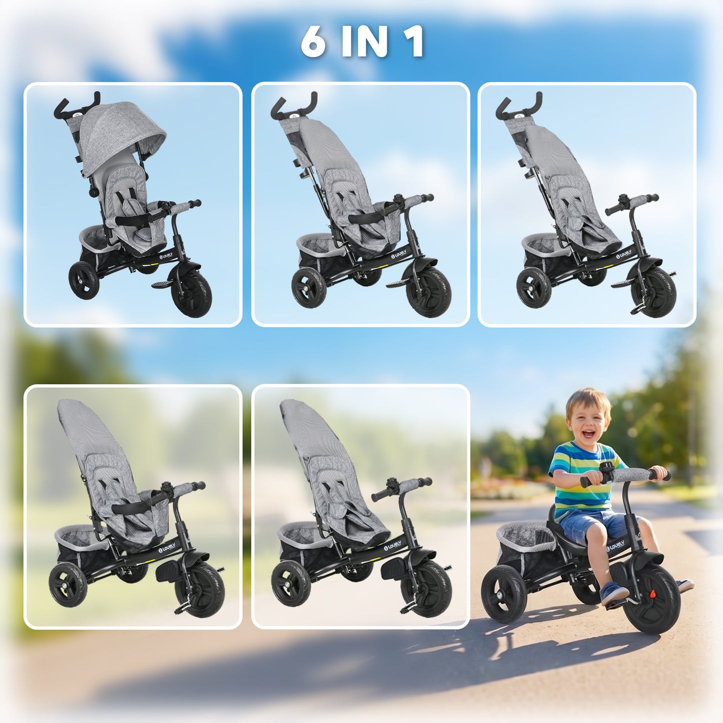 HOMCOM 6 in 1 Kids Trike with Parent Handle, Canopy, 5-point Seat Belt, Storage, Footrest, Brake, for 1-5 Years, Grey