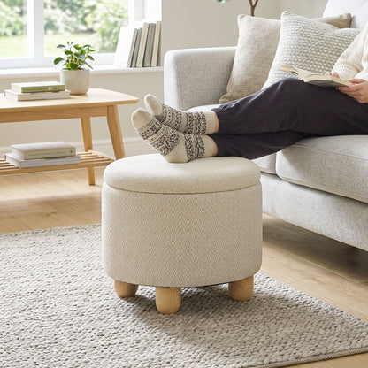 HOMCOM Storage Sitting Bench with Lid, Round Storage Ottoman with Rubberwood Legs, Beige
