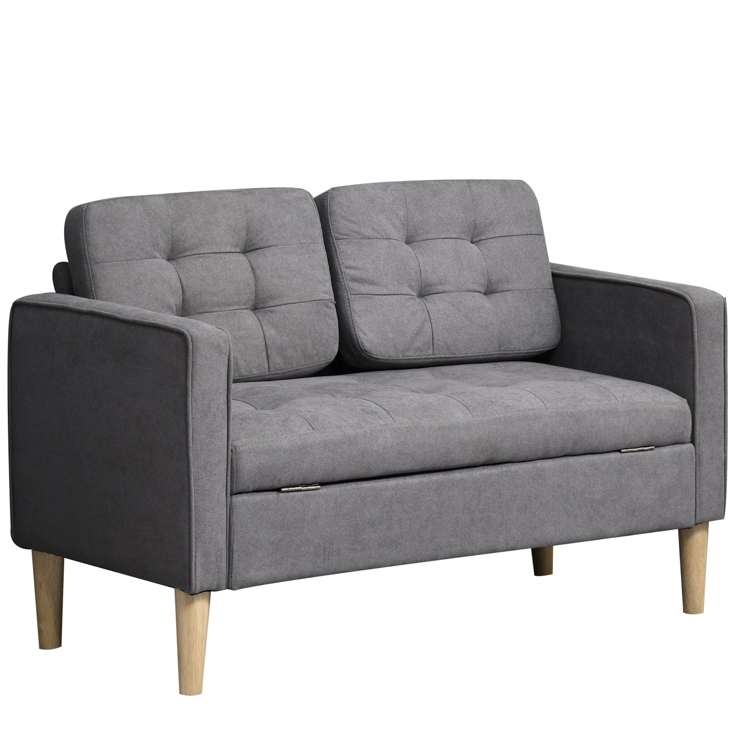 HOMCOM 2 Seater Storage Sofa, Fabric Couch with Hidden Under Seat Storage, Thick Cushions, Compact Space Saving Settee with Rubberwood Legs for Living Room, Apartment, Grey