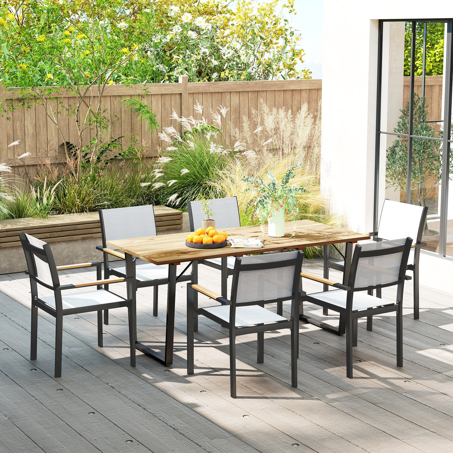 Outsunny 6 Seater Wooden Garden Dining Table, 175 x 80 cm Rectangular Outdoor Dining Table with 5cm Parasol Hole and Slatted Top, Weather Resistant for Patio, Terrace, Brown