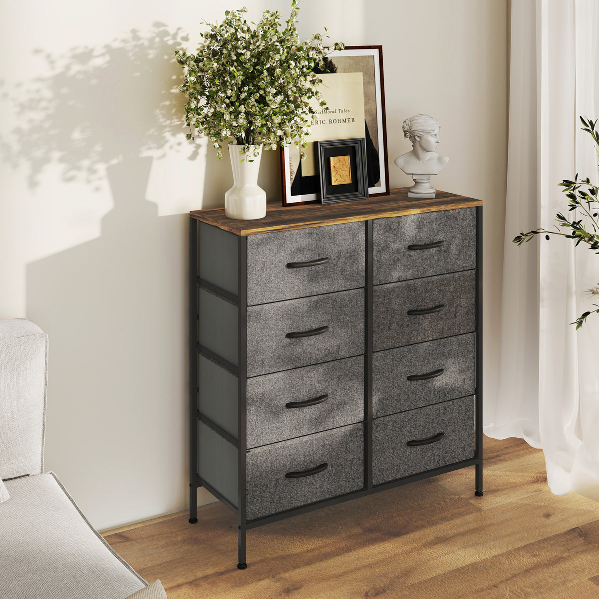 HOMCOM Fabric Chest of Drawers, Industrial Bedroom Dresser with 8 Fabric Drawers, Steel Frame and Wooden Top for Nursery, Living Room, Hallway, Rustic Brown and Grey-Dressers-ChewyGames-HOMCOM