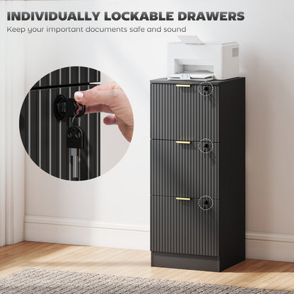 HOMCOM Filing Cabinet, Fluted Vertical File Cabinet with 3 Lockable Drawers and Hanging Rails, Black