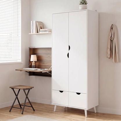 HOMCOM Elegant Home Storage Organisation Furniture, 2-Door Clothes Wardrobe with 2 Drawers, Wood Feet, White