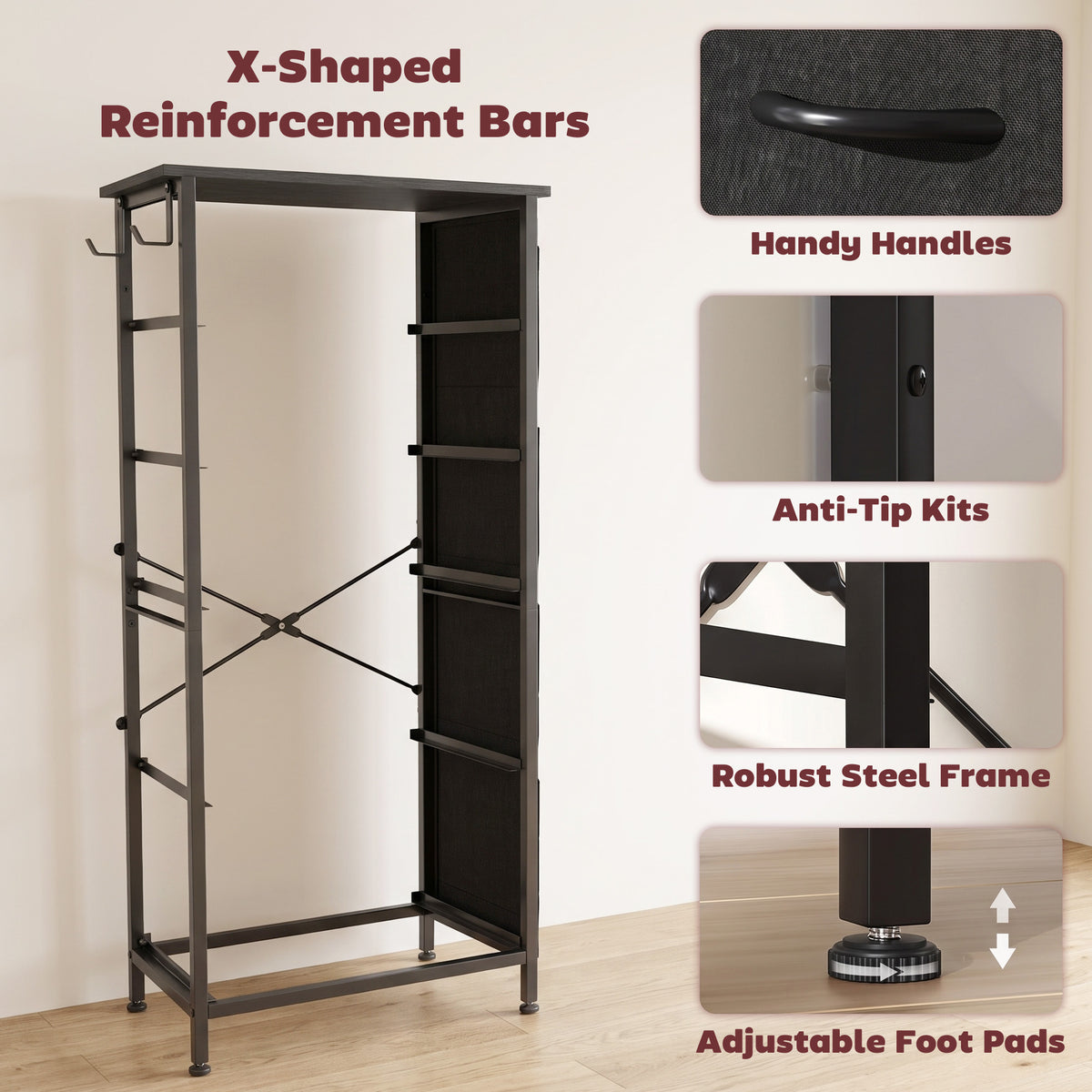 HOMCOM Chest of Drawers, Dresser with 5 Fabric Drawers, Tall Storage Unit with 4 Pockets and 2 Hooks, Steel Frame, Black