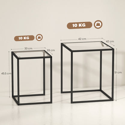HOMCOM Nesting Tables Set of 2, Side End Table with Tempered Glass Top and Steel Frame for Living Room, Bedroom, Black