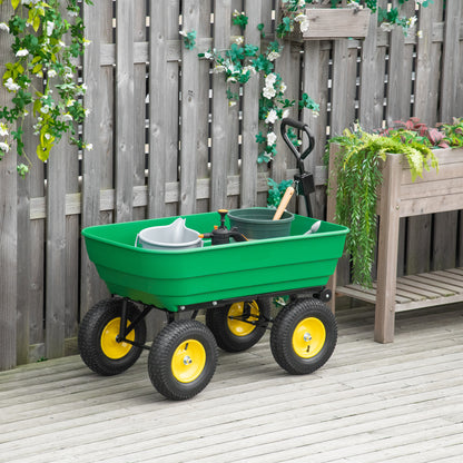Outsunny 125 Litre Large Garden Cart, Heavy Duty 4 Wheel Trolley Dump Wheelbarrow Tipping Truck Trailer - Green