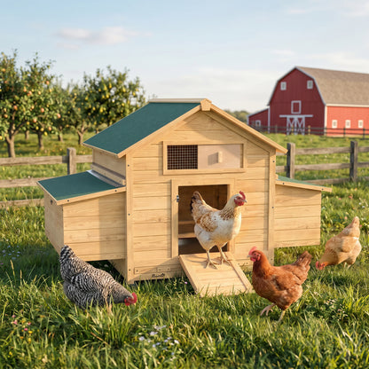 PawHut Chicken Coop, Wooden Outdoor Hen House with Nesting Box, Openable Waterproof Top, Pull-Out Tray, 150 x 100 x 97cm