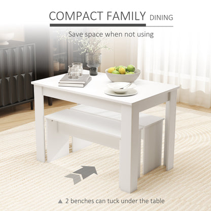 HOMCOM Kitchen Dining Table and 2 Benches Set, Table and Chairs Set for Limited Space, White