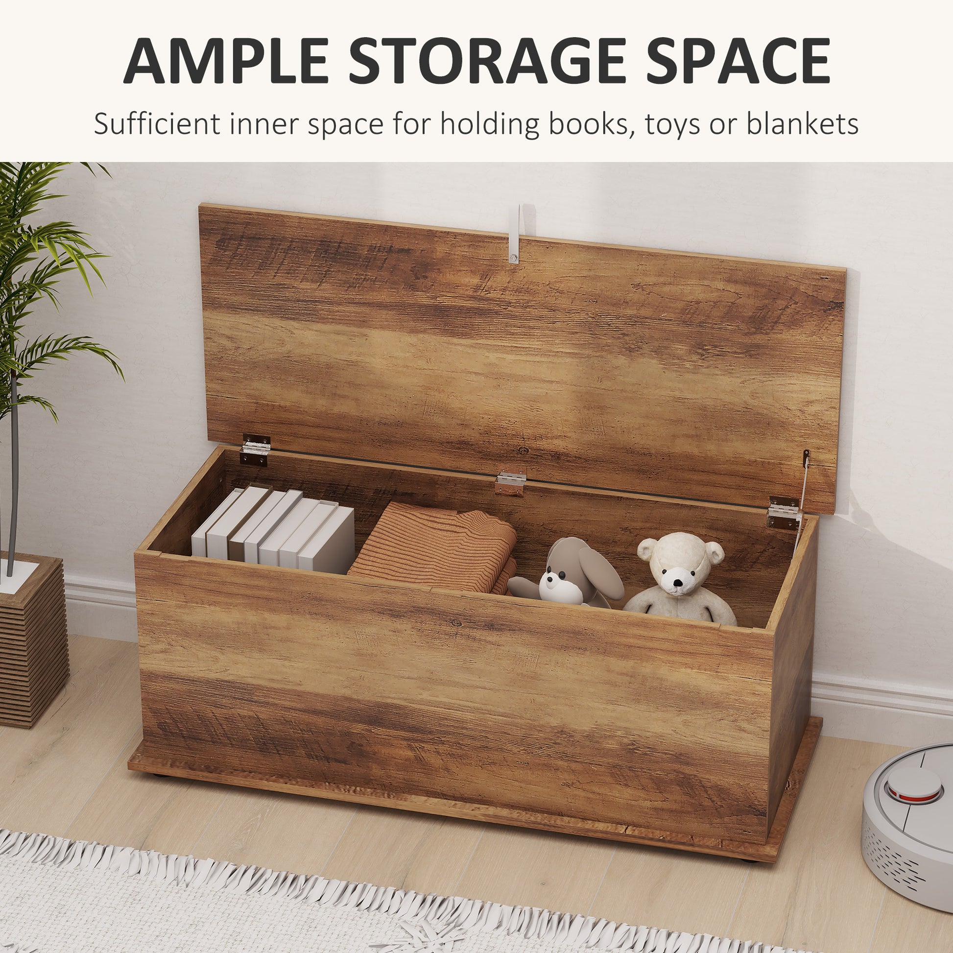 HOMCOM Storage Chest, Large 113L Blanket Box, Shoe Bench with Safety Hinged Lid, Storage Trunk, Bed End Bench for Bedroom, Hallway, Living room, Playroom, 100 x 40 x 40cm, Brown Wood Grain--ChewyGames-ChewyGames