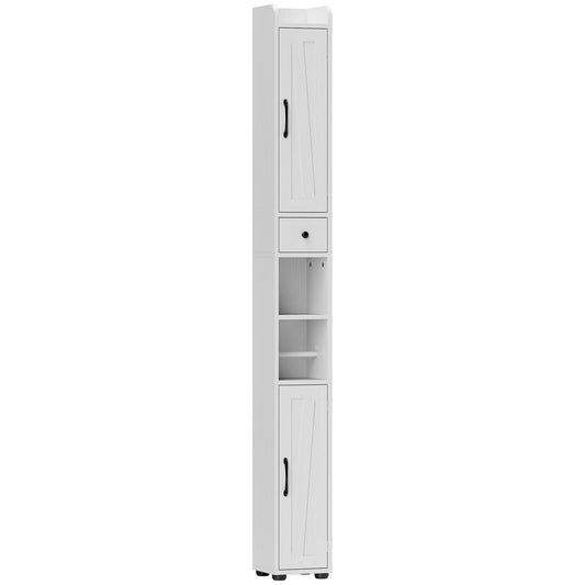 HOMCOM Tall Bathroom Cabinet, Farmhouse Slim Bathroom Storage Cabinet with Barn Doors, Toilet Paper Roll Holder, Drawer and Adjustable Shelves, Narrow Bathroom Storage Unit, 20 x 20 x 185cm, White