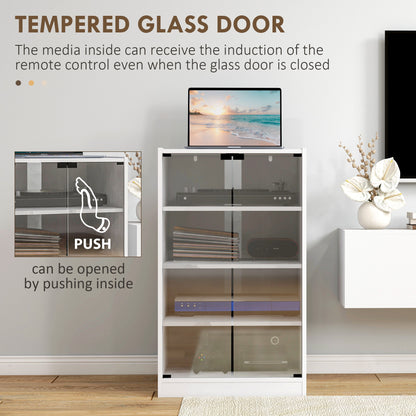HOMCOM 4-Tier Hi-Fi Stand,  Record Player Stand with Adjustable Shelves and Push-to-Open Glass Doors, White Wood-Effect