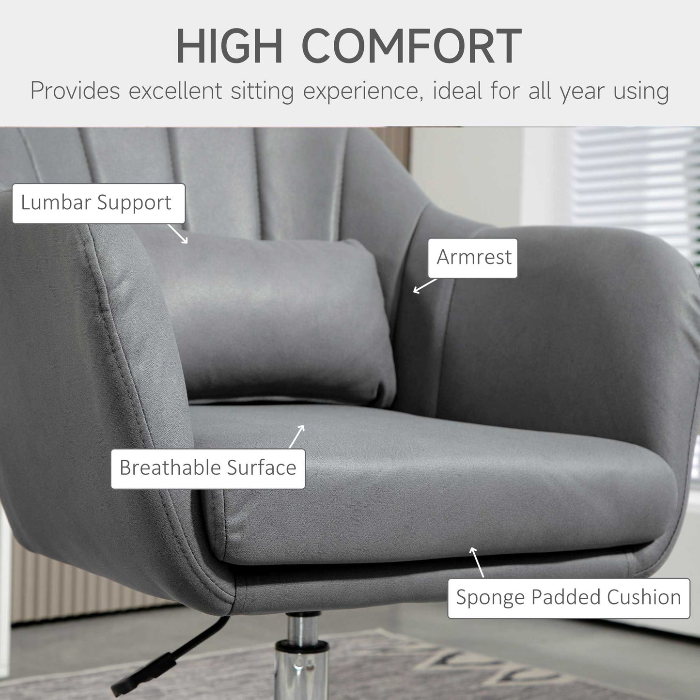 HOMCOM Swivel Accent Chair, Linen Fabric Tub Vanity Chair, Modern Armchair with Adjustable Height and Lumbar Support for Living Room Bedroom Salon Make up Room Dressing Table, Dark Grey