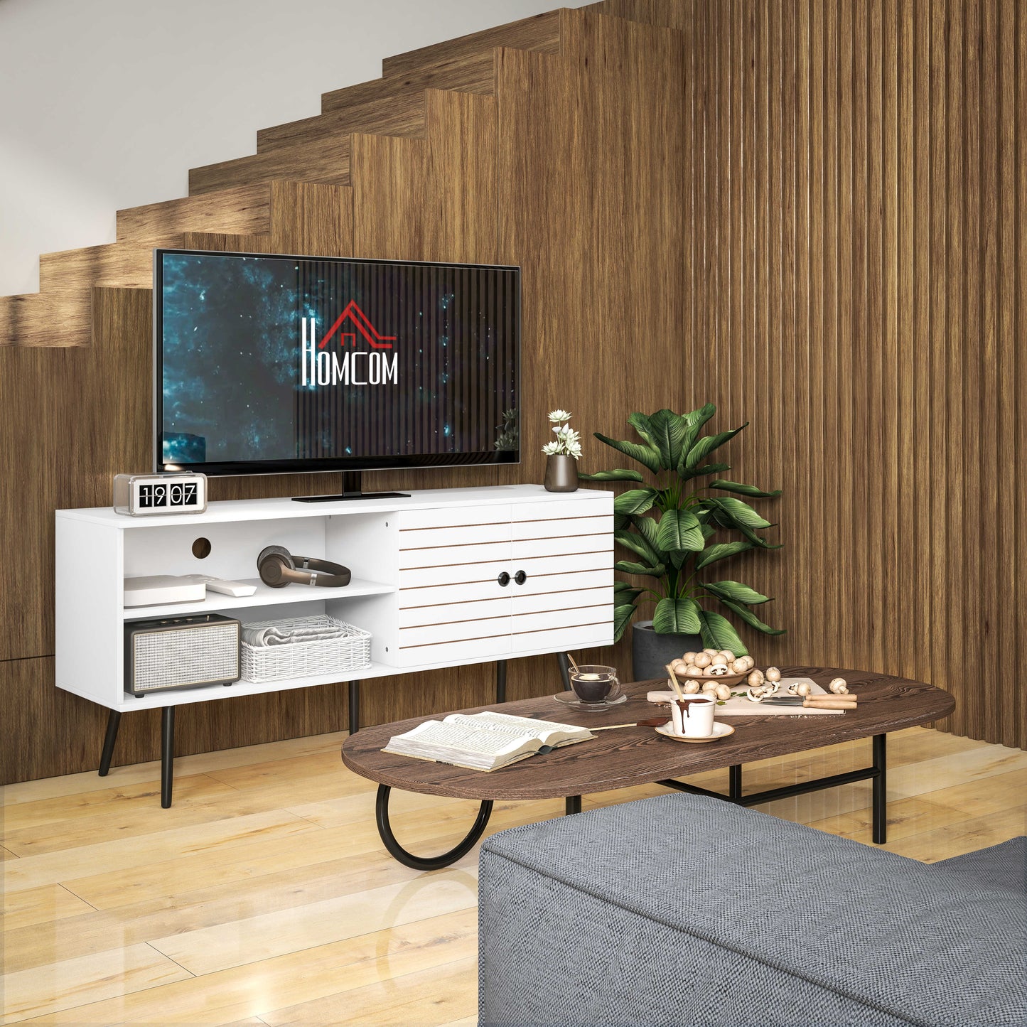HOMCOM TV Stand with Cupboard, Open Shelves, Striped Doors, Wooden legs, White