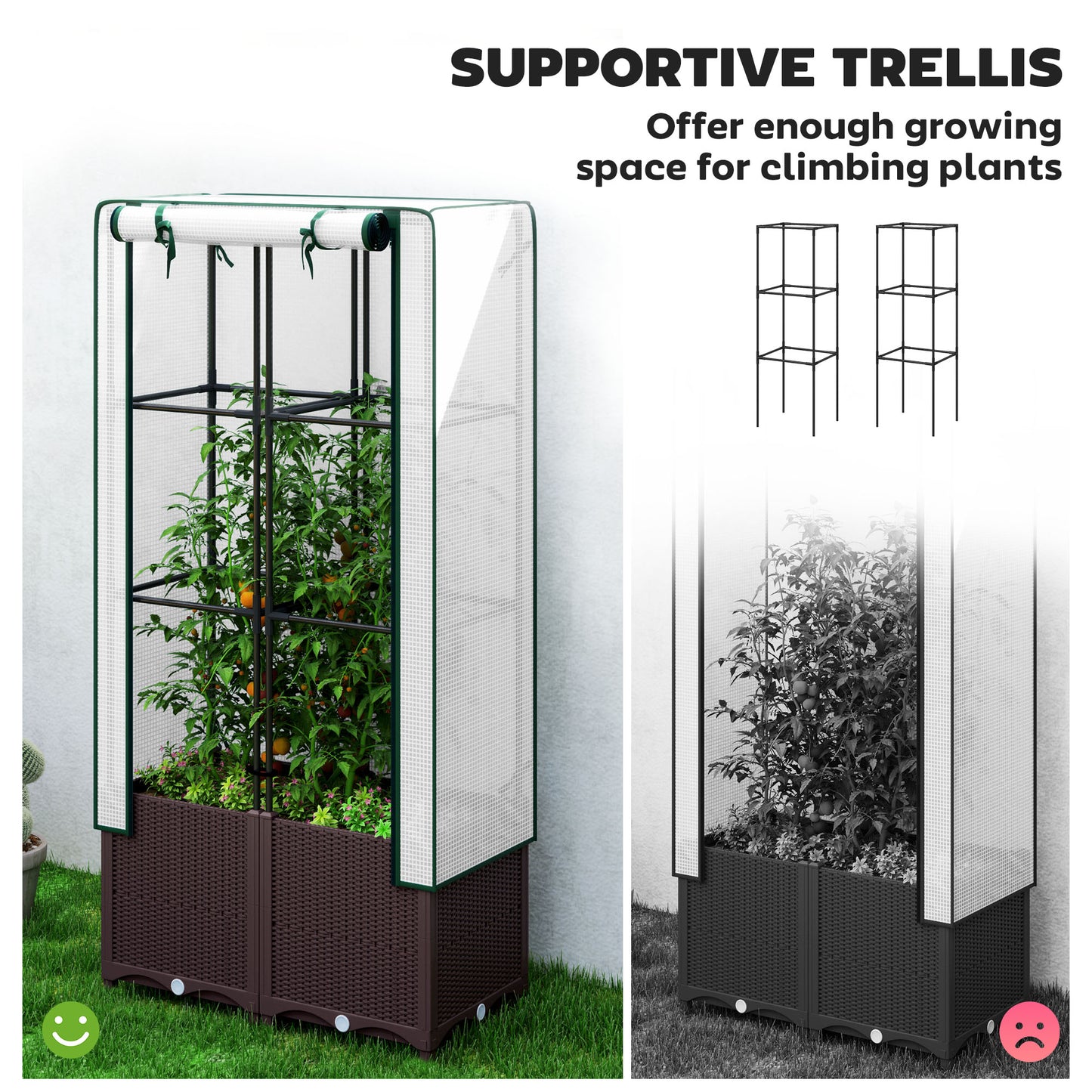 Outsunny Raised Garden Bed with Trellis, Plastic Planter Box with PE Cover, Drainage Holes, Drain Plugs and Water Reservoirs for Climbing Plants, Vegetables, Flowers, 80 x 40 x 140 cm