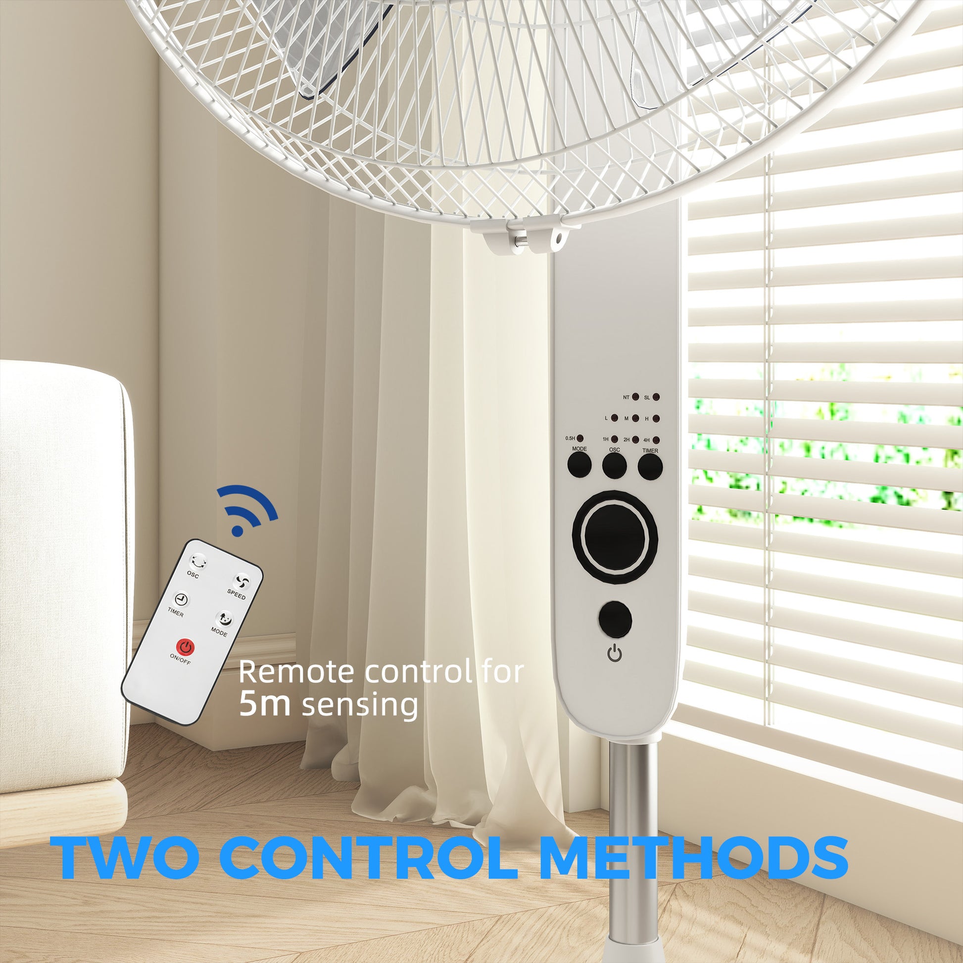 HOMCOM 124cm Pedestal Fan with Sleep Mode, Oscillating Standing Fan with 3 Modes, Remote Control, Adjustable Height, White--ChewyGames-ChewyGames