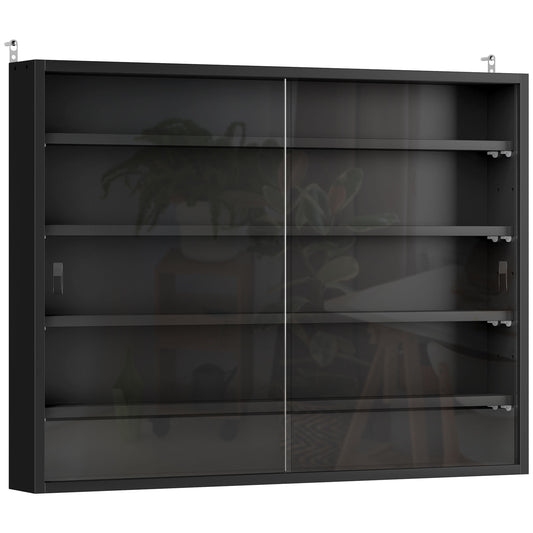 HOMCOM 5-Tier Wall Display Shelf Unit Cabinet w/ 4 Adjustable Shelves Glass Doors Home Office Ornaments 60x80cm Black