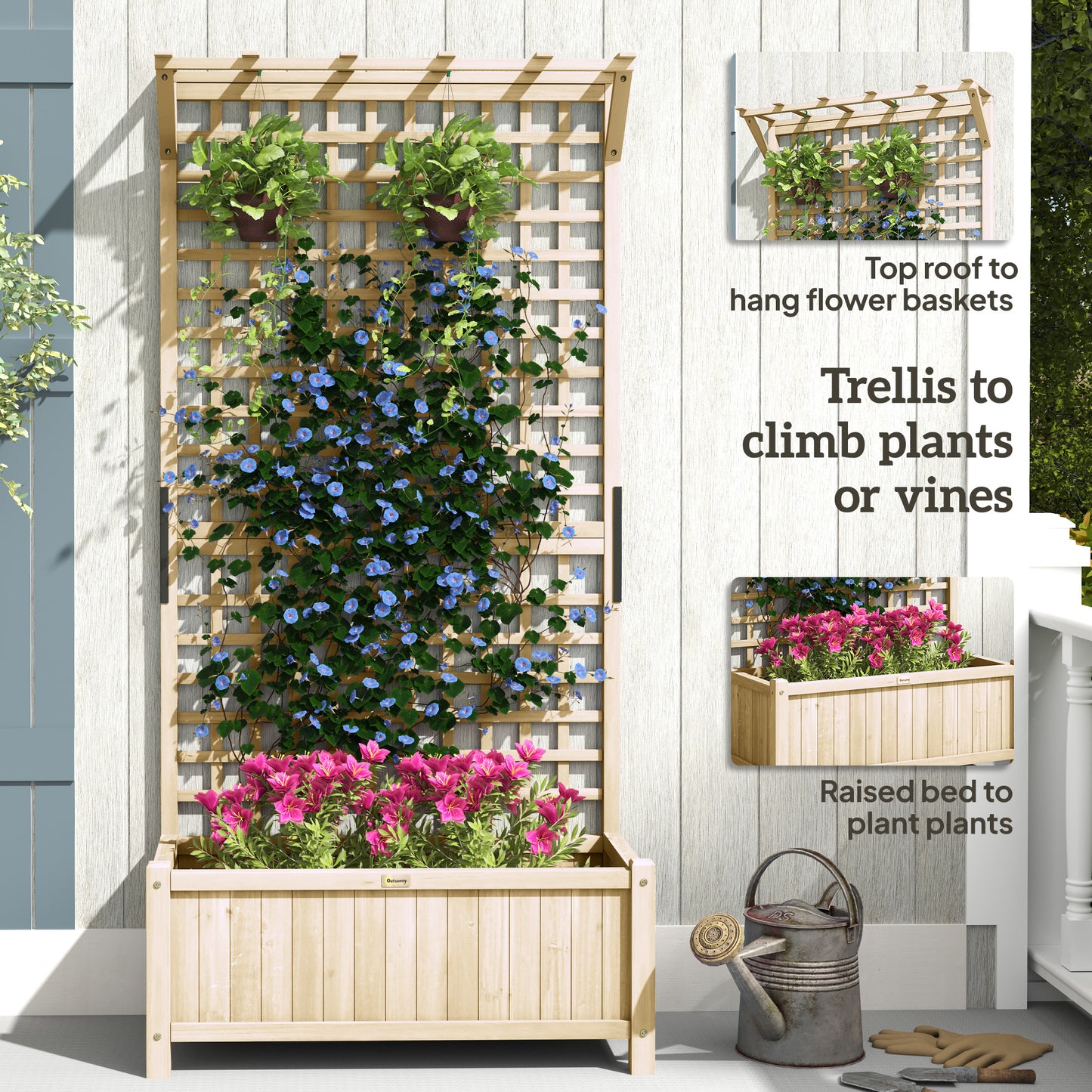 Outsunny Raised Bed with Drainage Holes, Wood Planter with Trellis for Climbing Plants to Grow Vegetables, Flowers, Natural