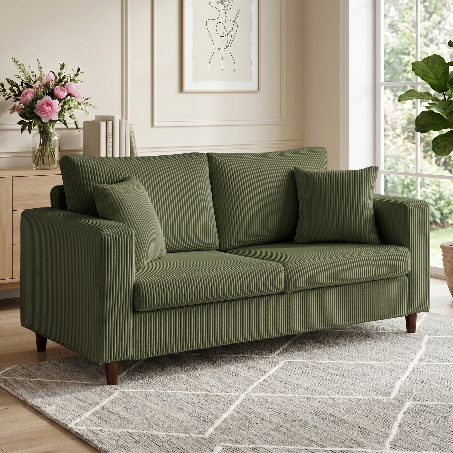 HOMCOM Loveseat Sofa with Wide Seat, Corduroy 2 Seater Couch with Deep Seat, Spring Cushion, Green
