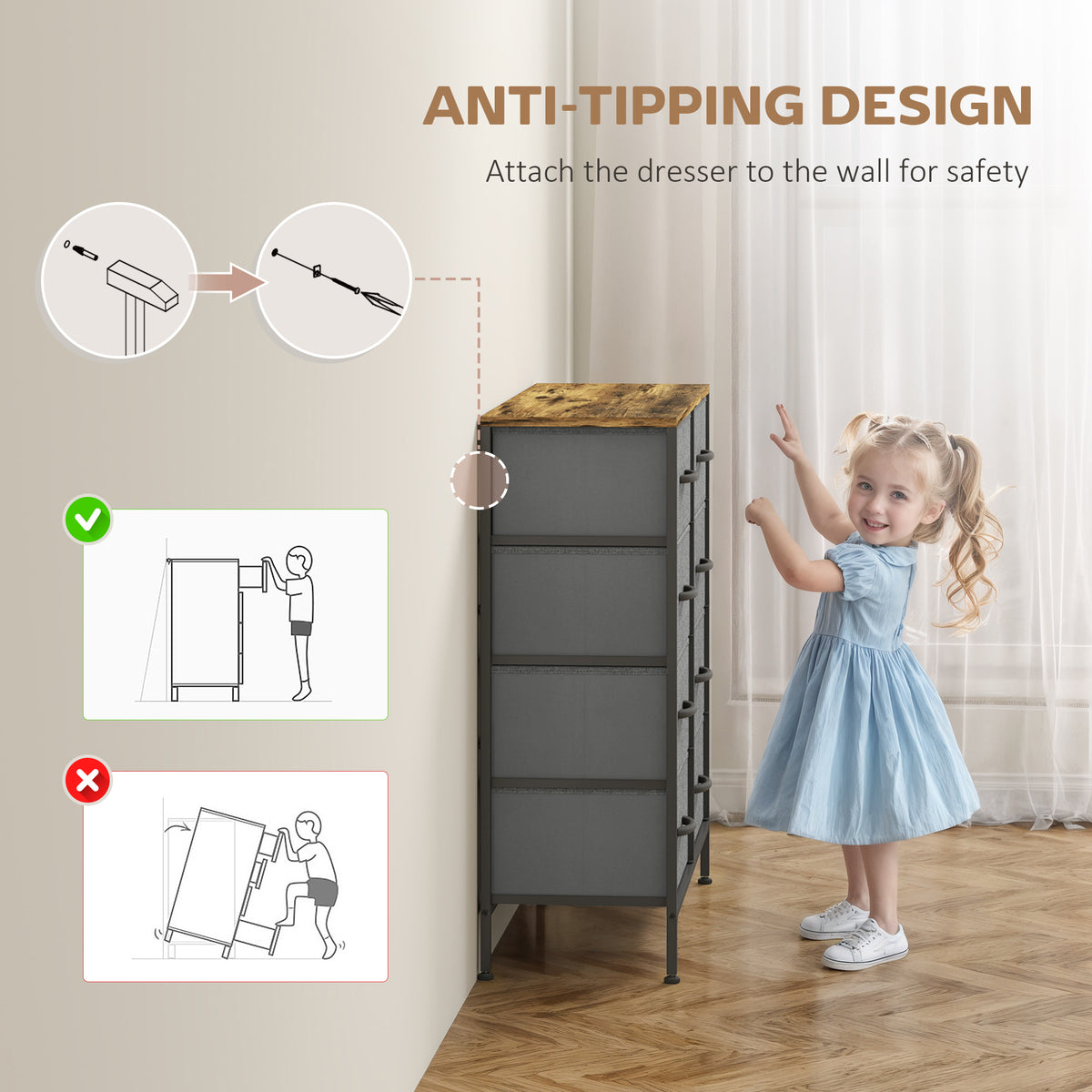 HOMCOM Fabric Chest of Drawers, Industrial Bedroom Dresser with 8 Fabric Drawers, Steel Frame and Wooden Top for Nursery, Living Room, Hallway, Rustic Brown and Grey-Dressers-ChewyGames-HOMCOM
