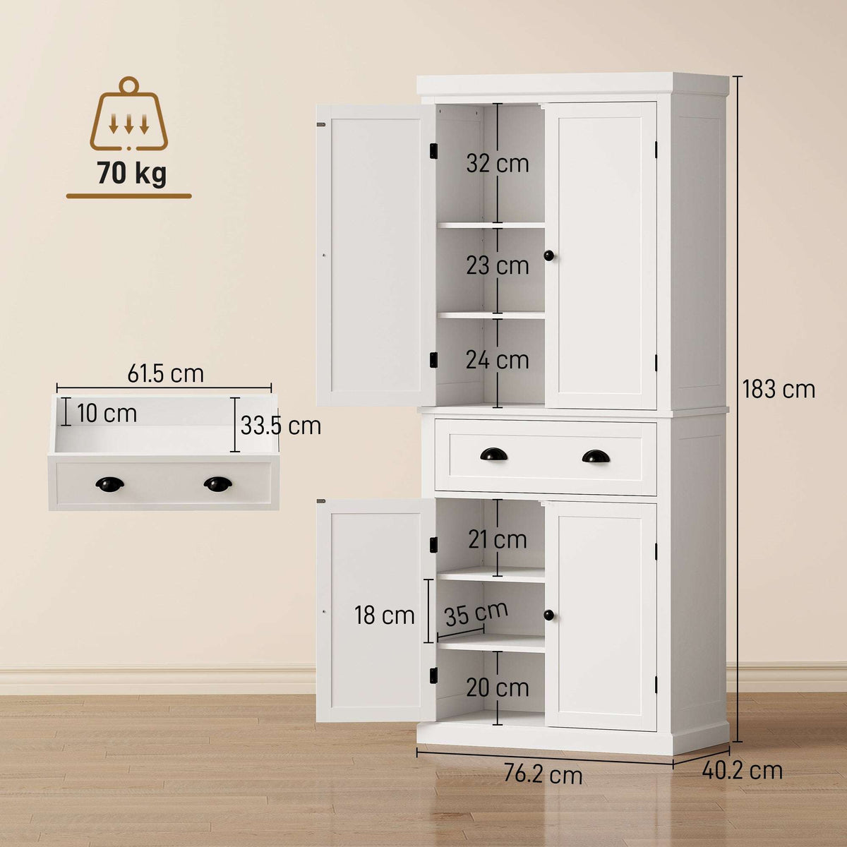 HOMCOM Tall Kitchen Cupboard, 183 cm Freestanding Storage Cabinet with Drawer, 4 Doors and Adjustable Shelves, White