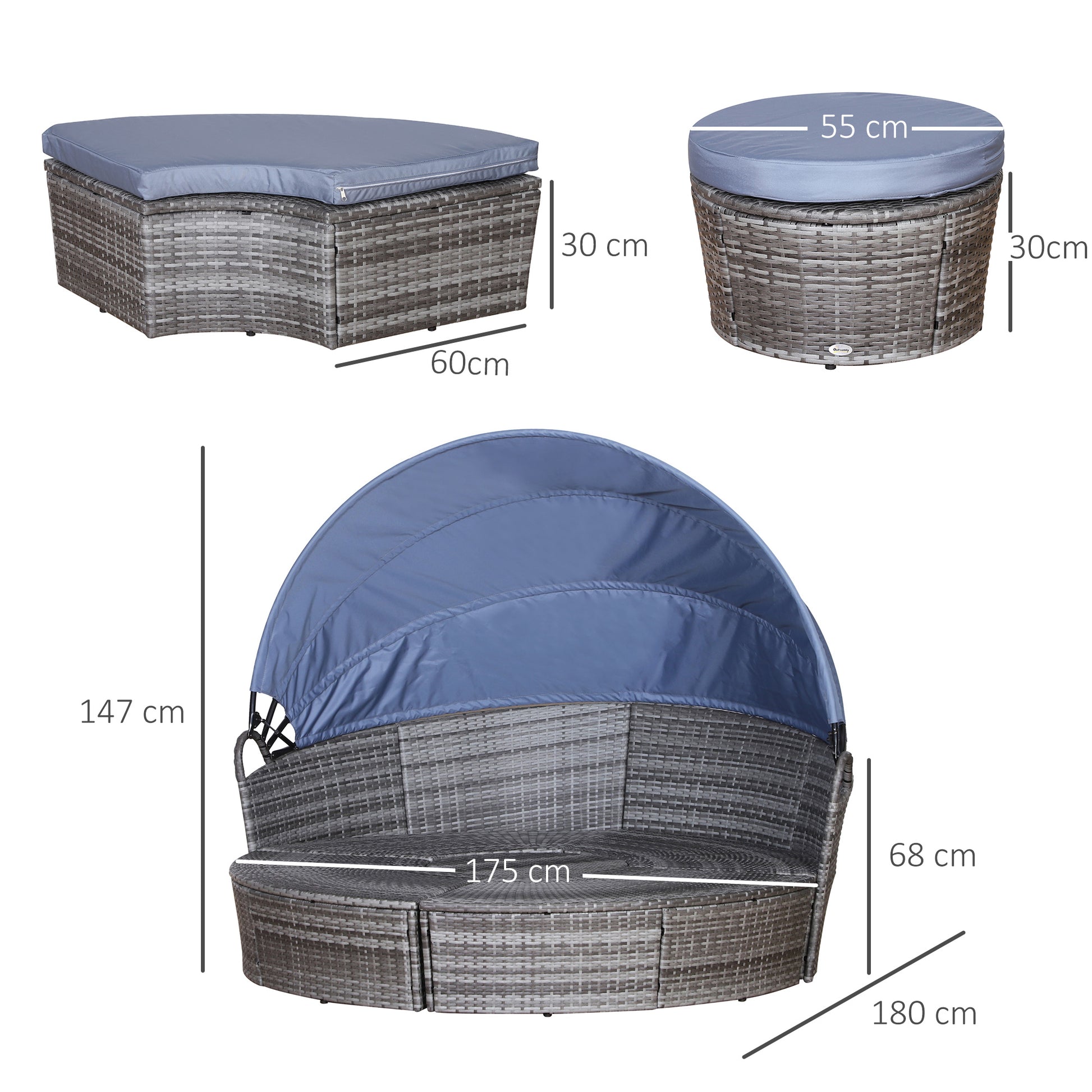 Outsunny Outdoor PE Rattan Garden Furniture with Cushioned, Patio Wicker Conversation Furniture Set, Round Daybed with Retractable Canopy, Coffee Table and Three Pillows, Grey/Blue Grey--ChewyGames-ChewyGames