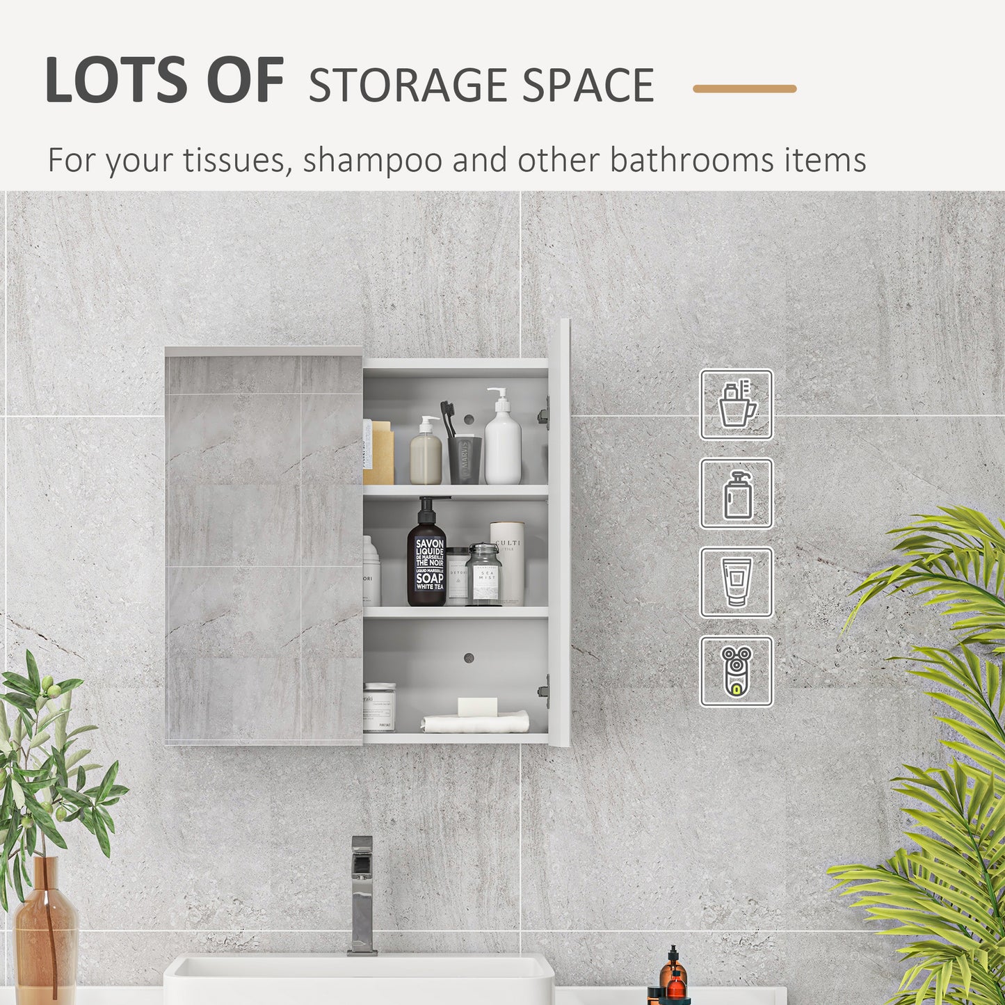 kleankin Bathroom Mirror Cabinet, Wall Mounted Bathroom Storage Cupboard with Adjustable Shelf, 60W x 15D x 60Hcm, High Gloss White-Medicine Cabinets-ChewyGames-ChewyGames