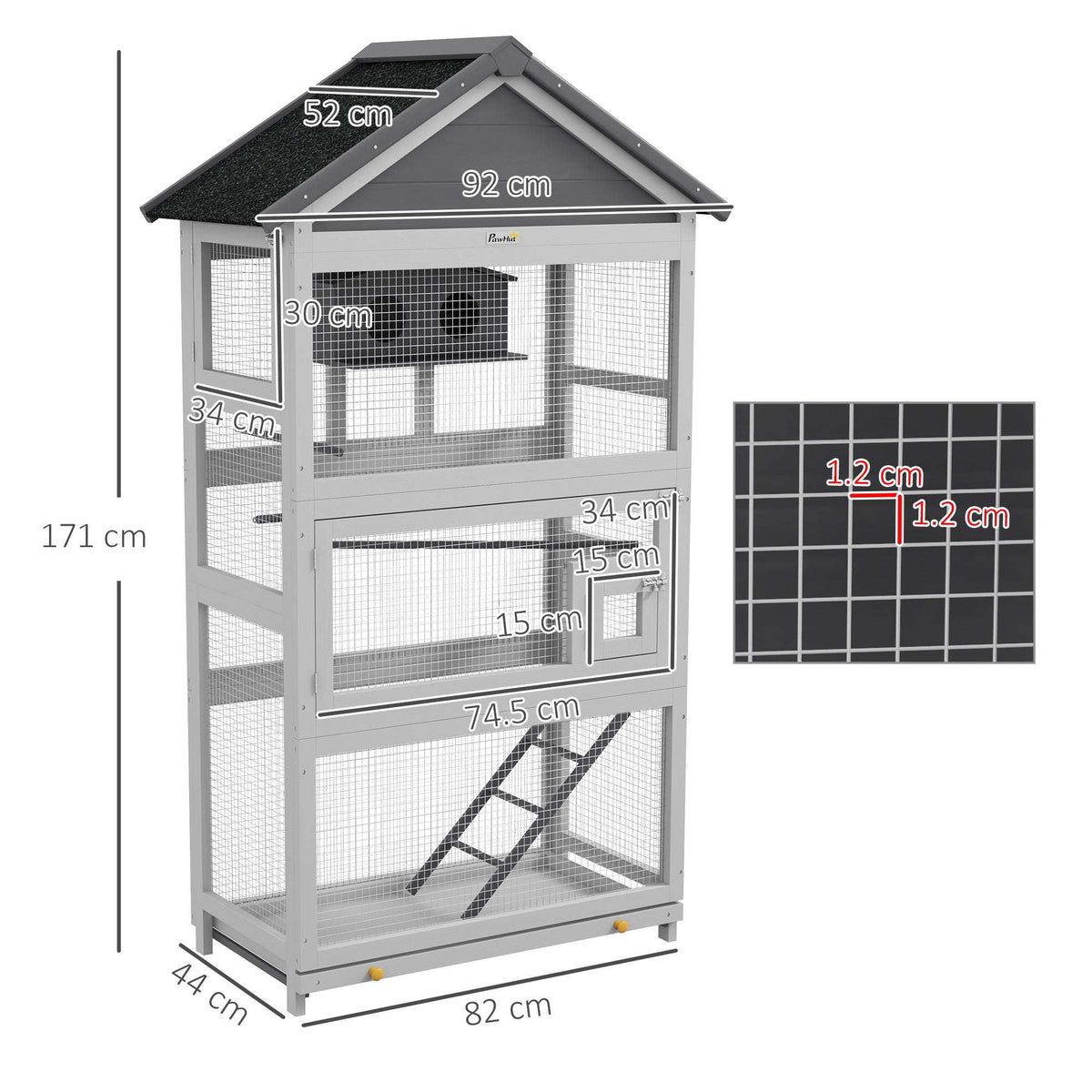 PawHut Wooden Bird Cage, with Stand, for Finches, Parakeets, Small birds - Grey