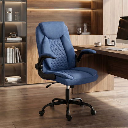 HOMCOM Linen-Look Computer Desk Chair, Executive Office Chair with Flip-Up Armrests and Thick Cushion, Blue