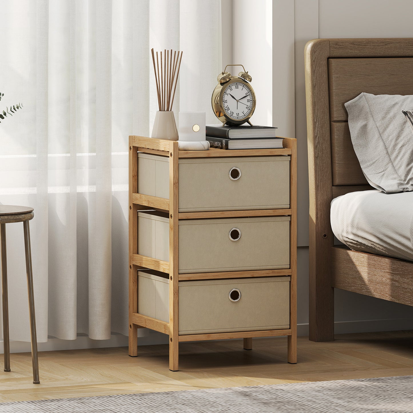 HOMCOM Chest of Drawers, 3 Fabric Drawers Narrow Dresser with Bamboo Frame, Cream White