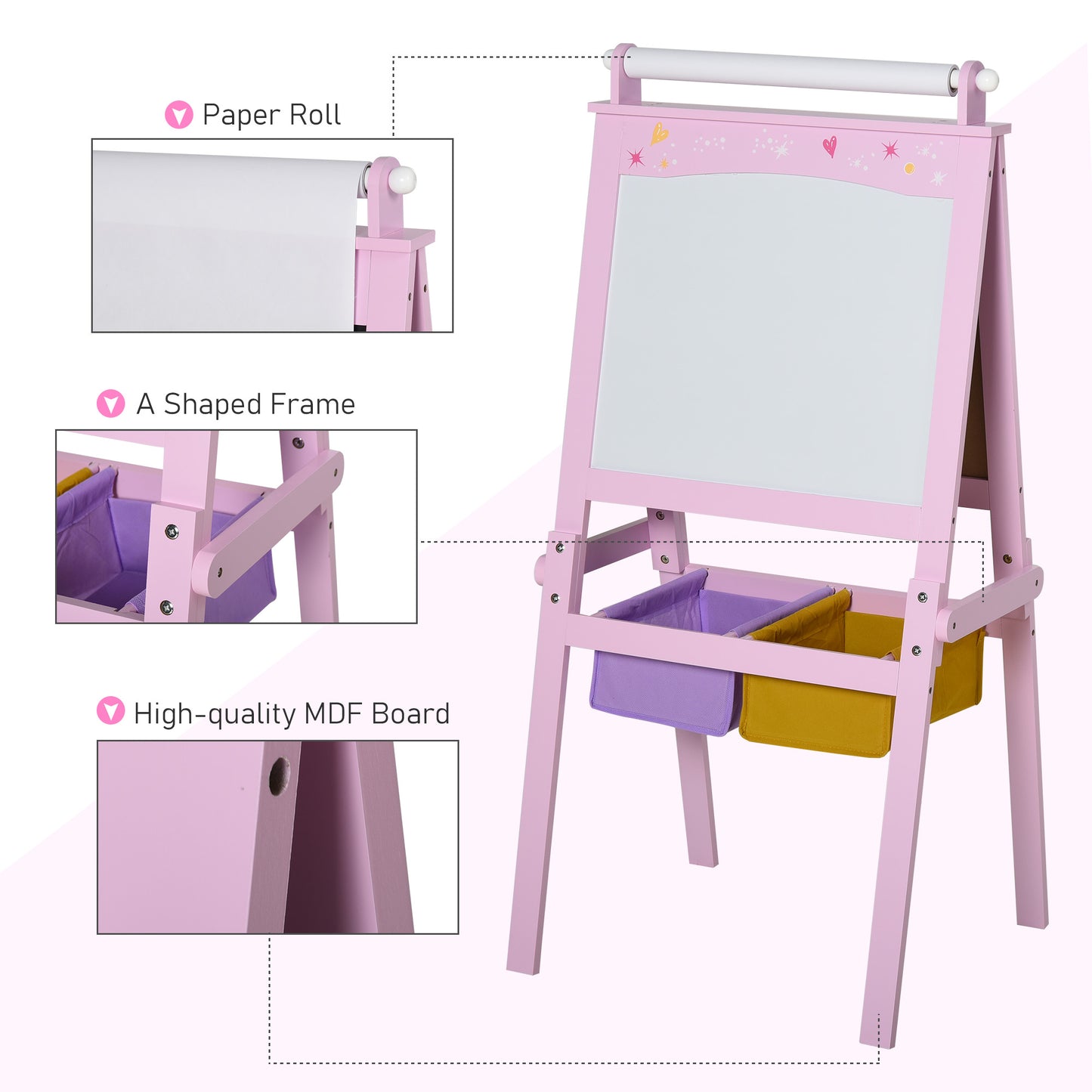 HOMCOM Kids Easel 3 in 1 Wooden Art Easel with Paper Roll Double-Sided Chalkboard & Whiteboard with Storage Baskets for Toddler Girls, Pink--ChewyGames-ChewyGames