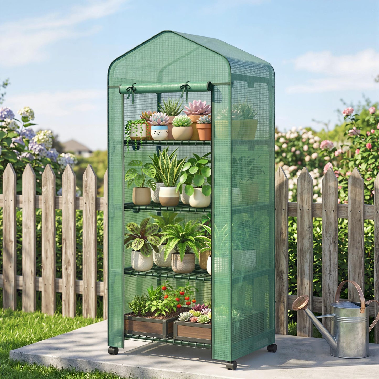 Outsunny 4 Tier Mini Portable Greenhouse Compact Plant Grow Shed Metal Frame PE Cover with Lockable Rolling Wheels , Green