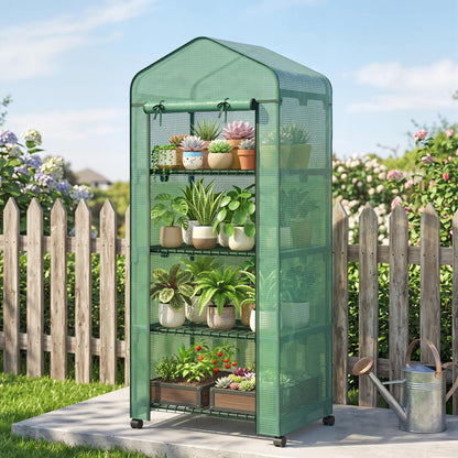Outsunny 4 Tier Mini Portable Greenhouse Compact Plant Grow Shed Metal Frame PE Cover with Lockable Rolling Wheels , Green