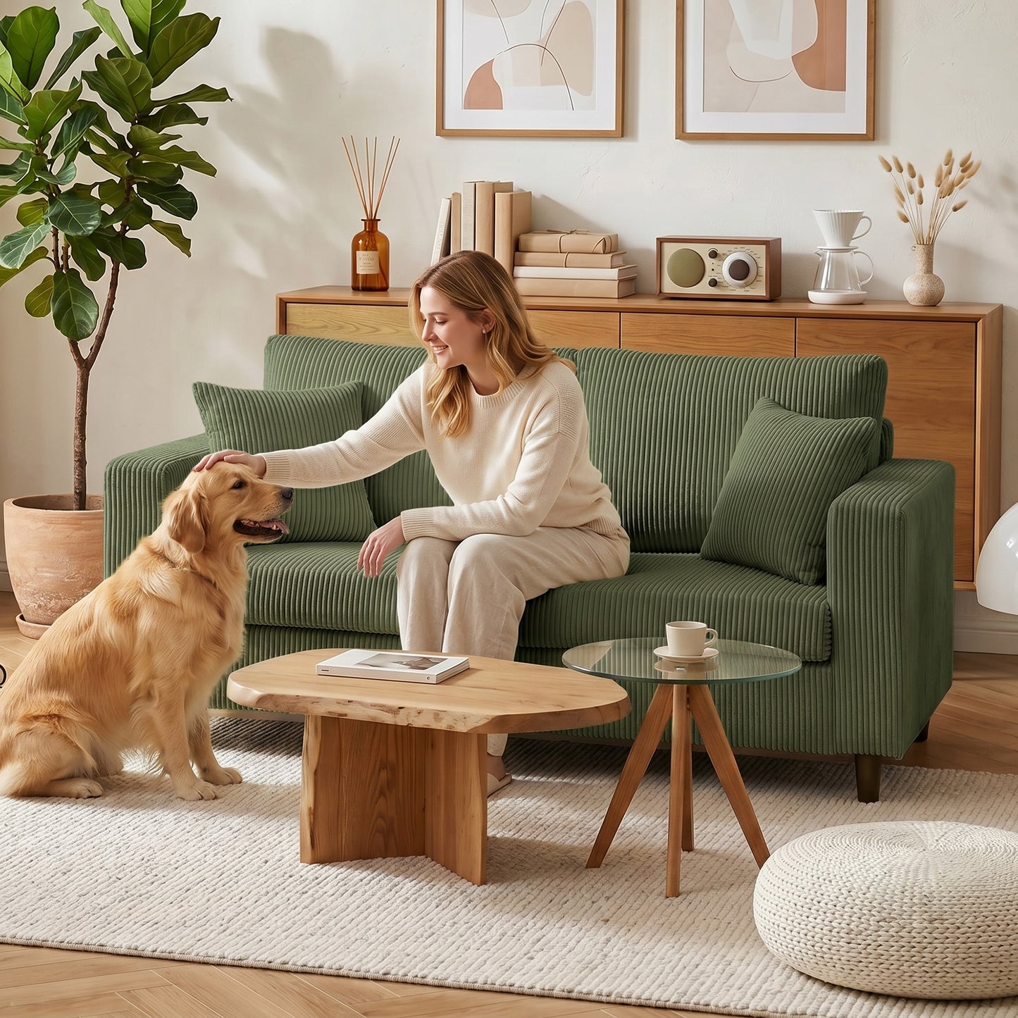 HOMCOM Loveseat Sofa with Wide Seat, Corduroy 2 Seater Couch with Deep Seat, Spring Cushion, Green
