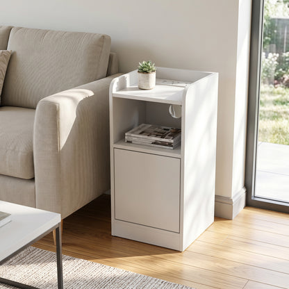 HOMCOM Slim Bedside Table Set of 2 with Charging Station, Narrow Bedside Cabinet with Adjustable Shelf, White