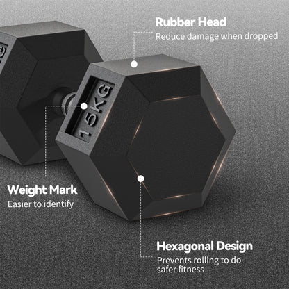HOMCOM 2x15KG Rubber Hex Dumbbell Portable Hand Weights Dumbbell Home Gym
