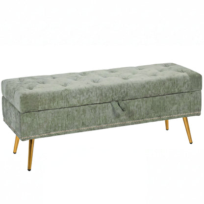 HOMCOM Storage Ottoman, Chenille Upholstered Ottoman Storage Box with Padded Seat, Metal Legs, 114 x 41 x 45 cm, Light Green