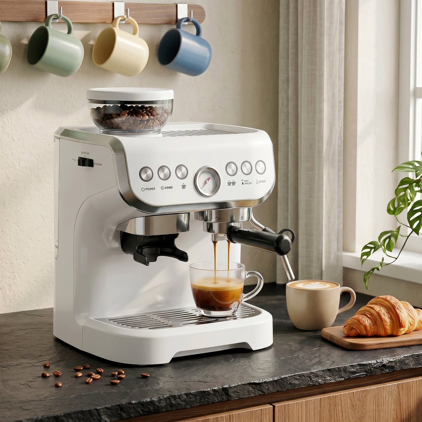 HOMCOM 15 Bar Coffee Machine, with Adjustable Grind, Steamer and Accessories - White