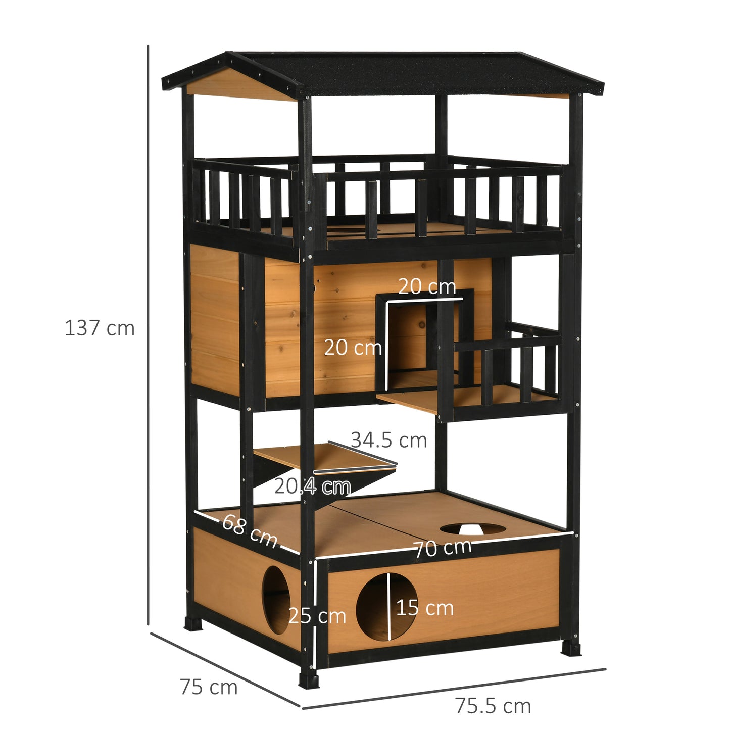 PawHut Wooden Outdoor Cat House, 3-Tier Cat Shelter with Tilted Roof, Terrace, Jump Step, Bottom Tray, Yellow