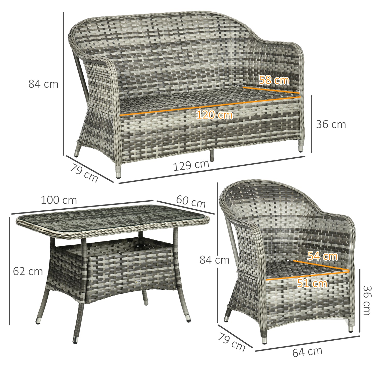 Outsunny Four-Piece Rattan Set, with Glass-Top Table - Grey--ChewyGames-ChewyGames