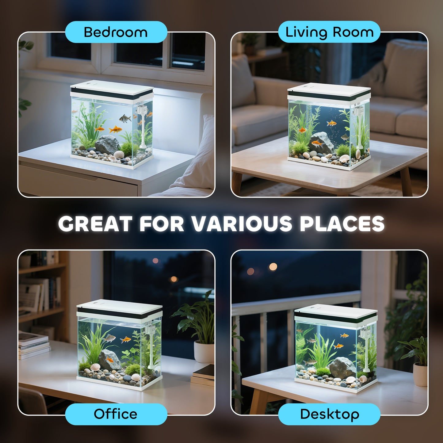 PawHut 14L Glass Fish Tank With Filter System, LED Lights, Water Pump, White