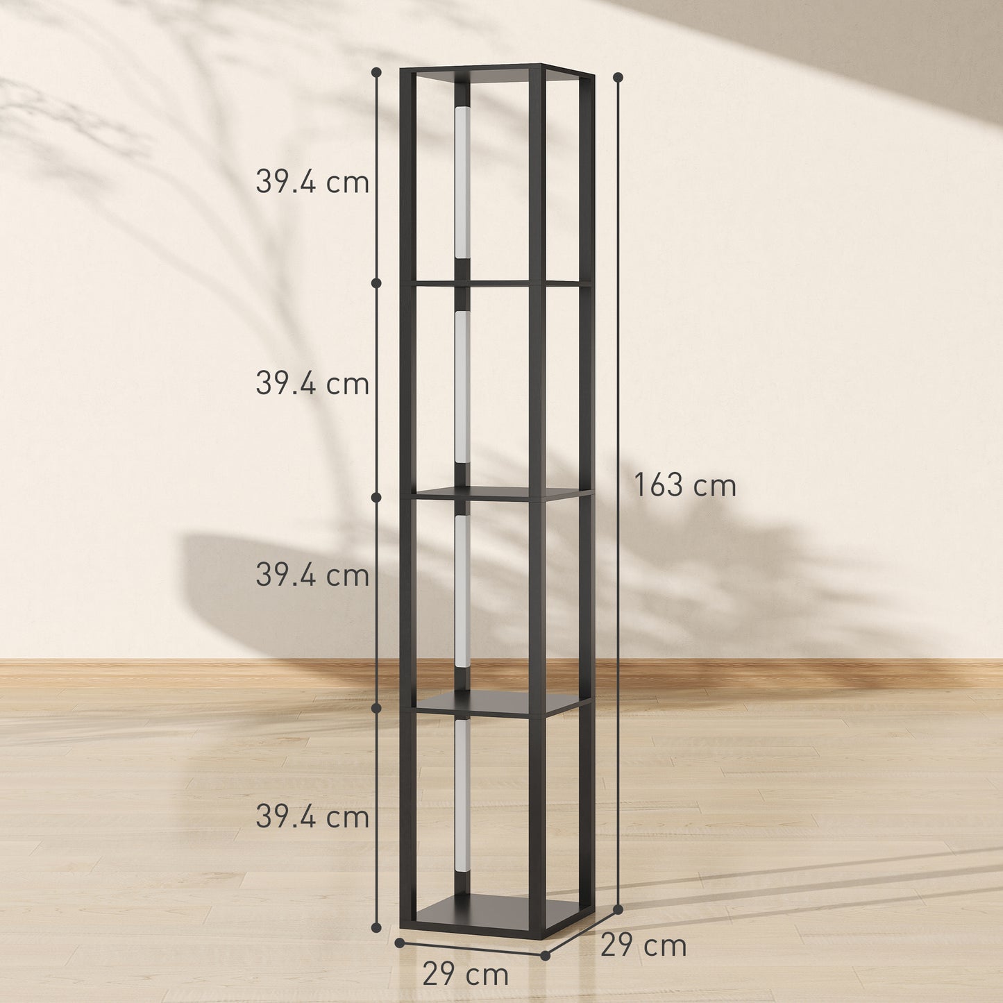 HOMCOM LED Floor Lamp with Shelves, Modern Dimmable Standing Lamp with 3 Brightness Levels and Foot Switch for Living Room, Bedroom, Office, Black