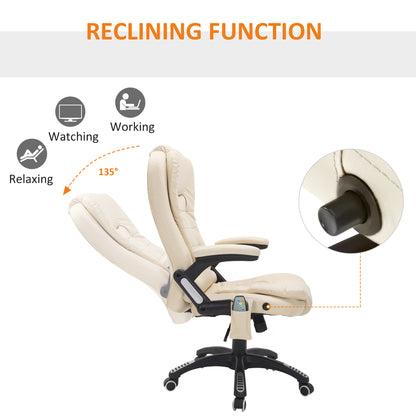 HOMCOM 6-Point Massage Office Chair with Seat Heated for Home Office, PU Leather High Back Executive Desk Chair with Adjustable Height and 360° Swivel for Work Study, Beige